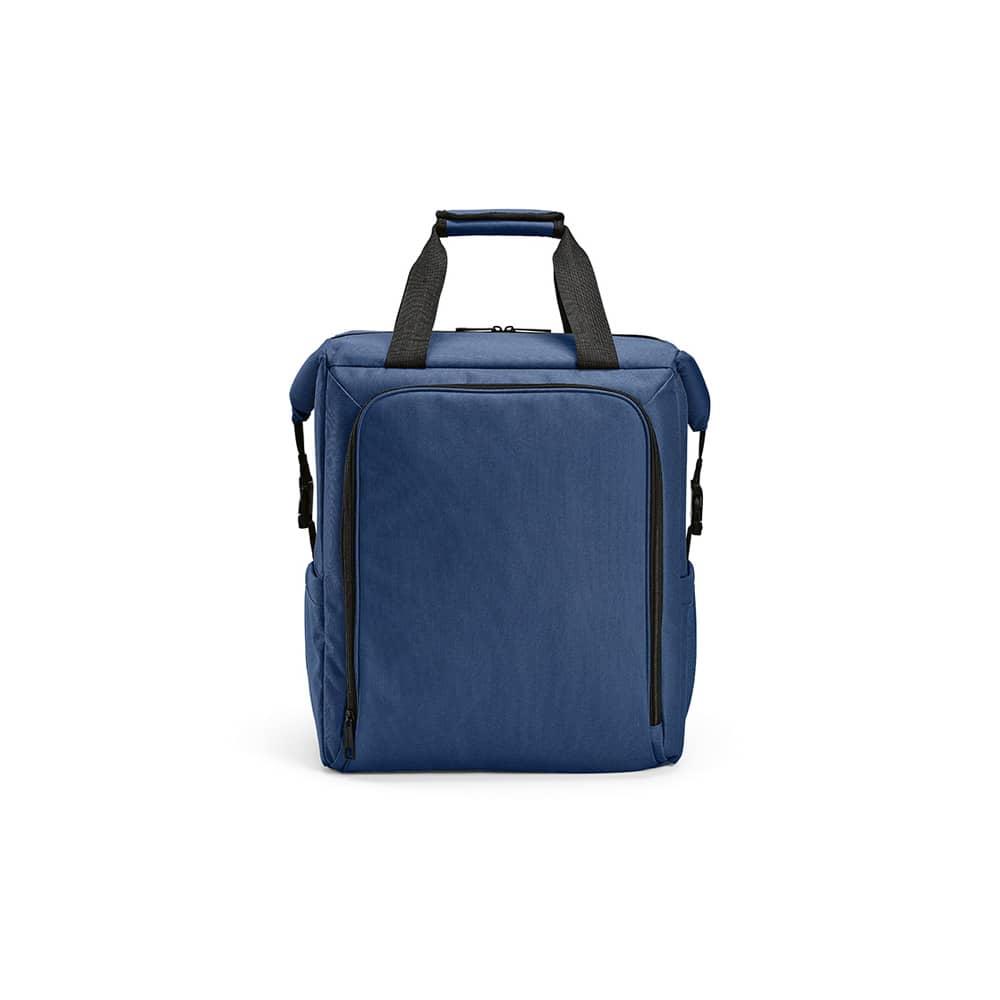 A blue cooler bag with a front pocket and two side pockets, featuring a black handle and straps.