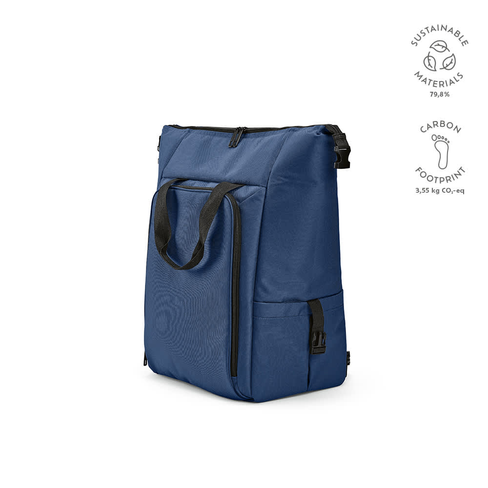 A navy blue cooler bag with a front pocket, two side pockets, and a branded logo. Made from sustainable materials.