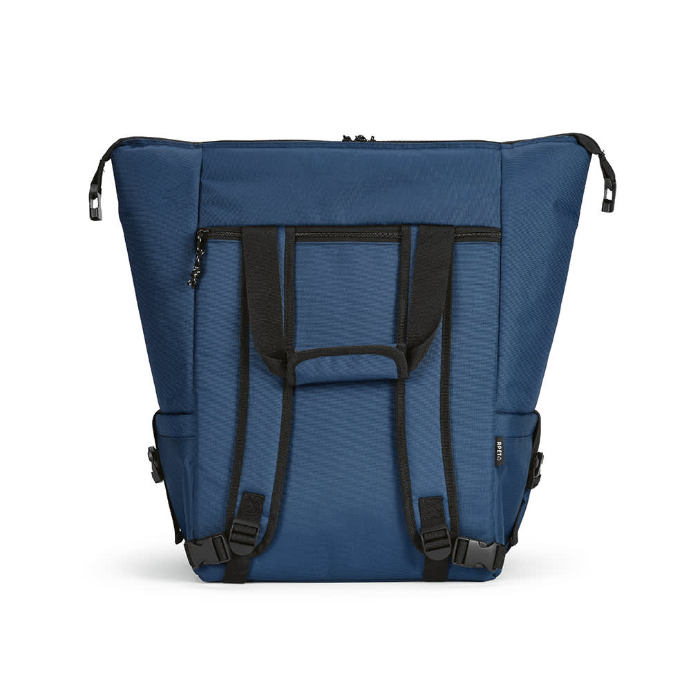 A blue cooler bag with a zip closure, featuring a front pocket and two side pockets, equipped with adjustable straps.