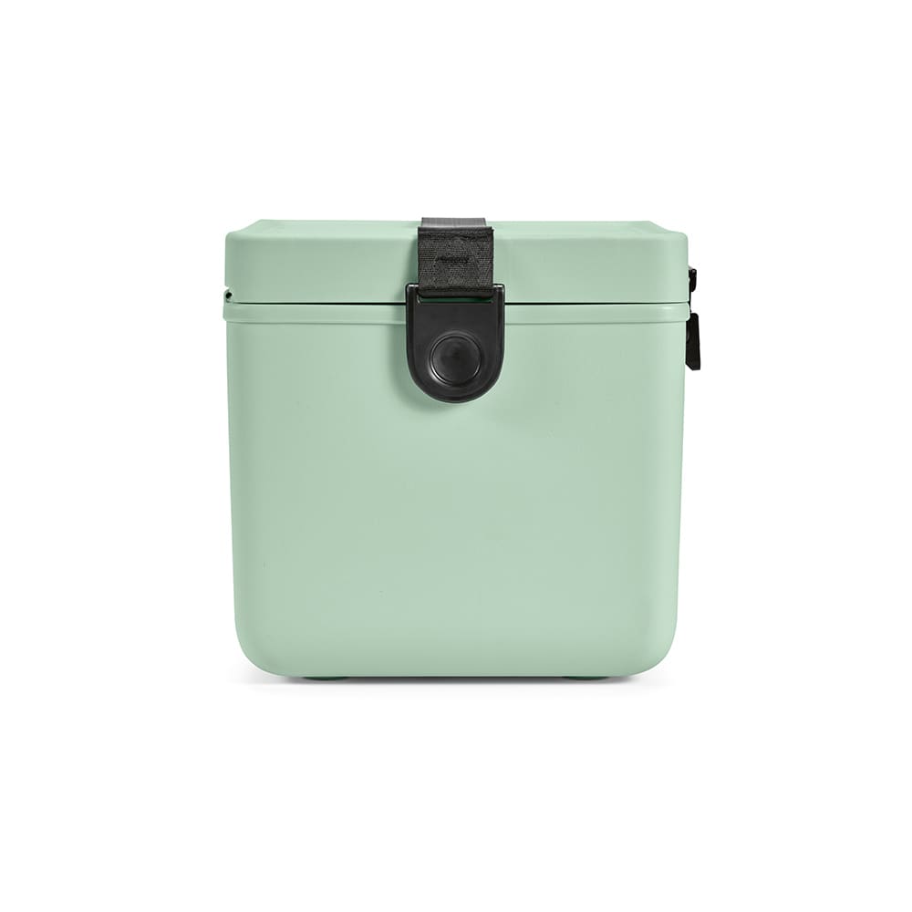 A drink cooler in pastel mint green with a secure fastening and a black strap. It features a logo on the side.
