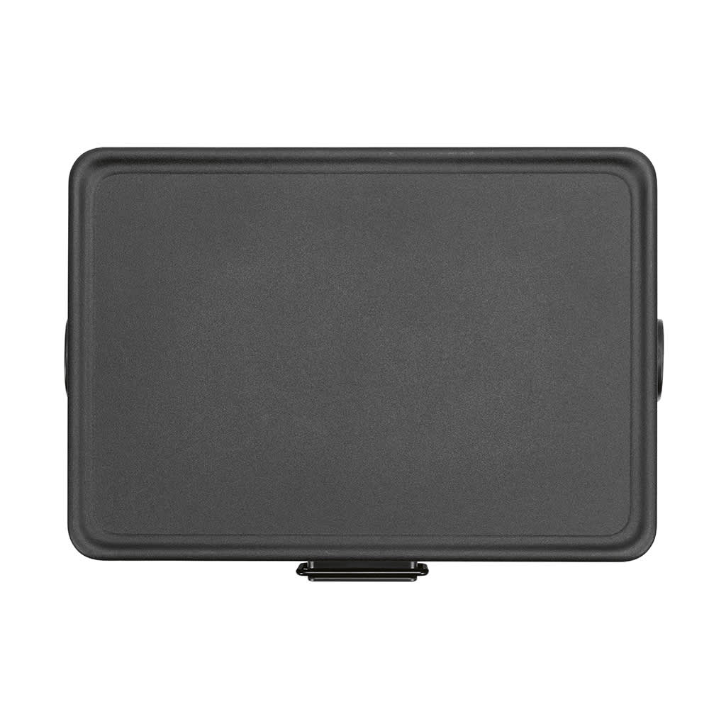 A black rectangular cooler with a secure latch. The surface is smooth and appears durable.