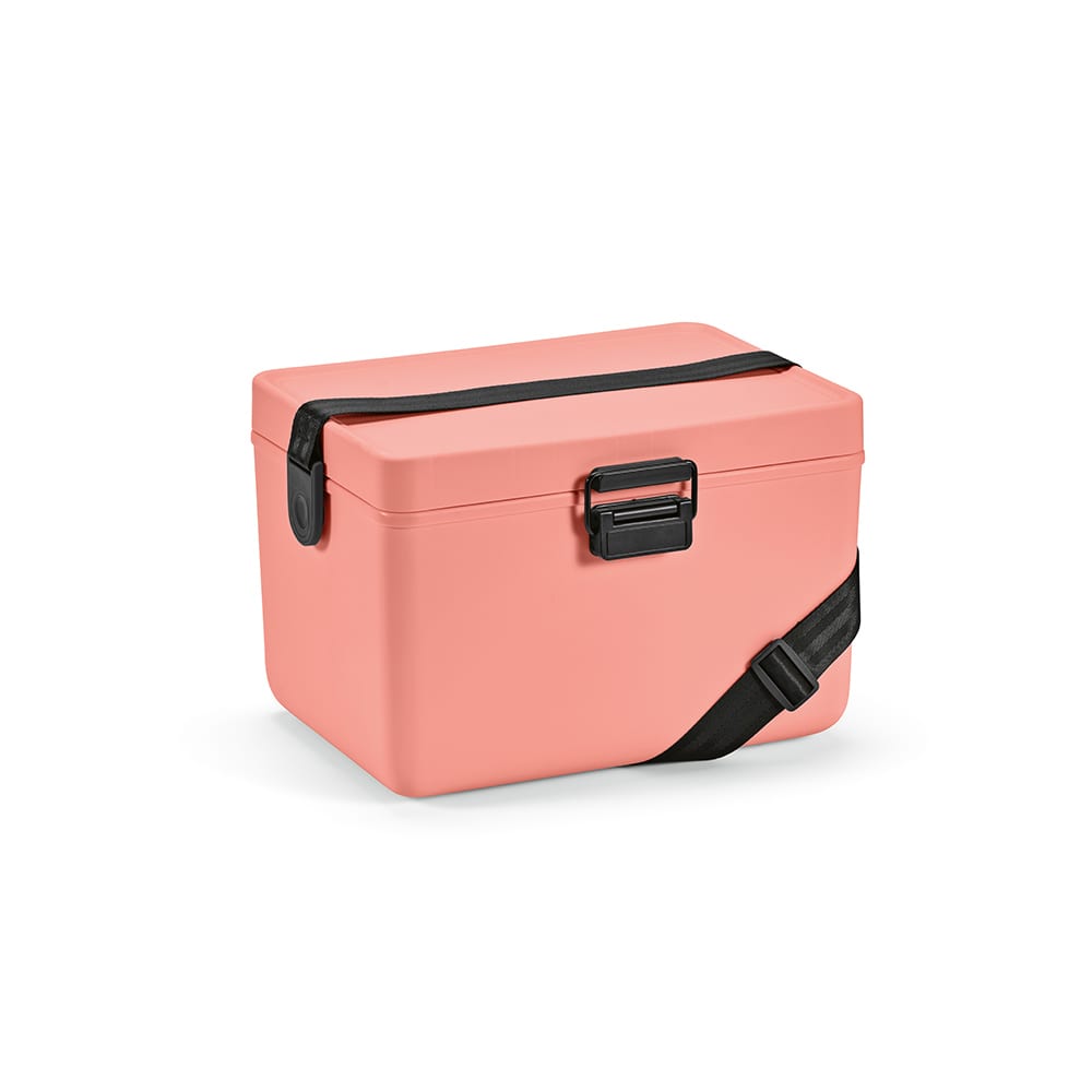 A drink cooler in pastel pink with a black strap and handle, featuring a clasp closure.
