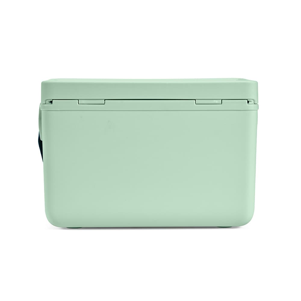 A drink cooler in pastel green with a simple design and a lid. It features a side handle and an integrated branding logo.