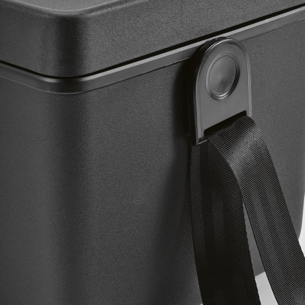 A drink cooler in black with a sturdy strap for easy carrying. It features a smooth, matte finish.
