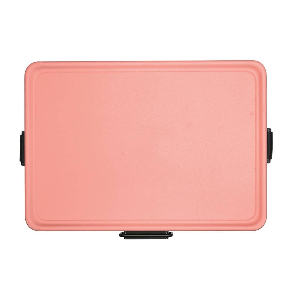 A drink cooler with a pastel pink exterior and black handles. It features a simple design.