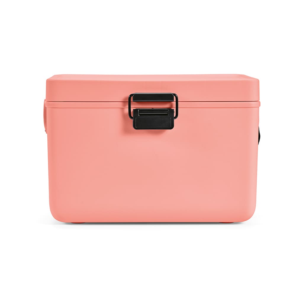 A drink cooler in pastel pink, featuring a black latch and a simple design. Suitable for outdoor use.