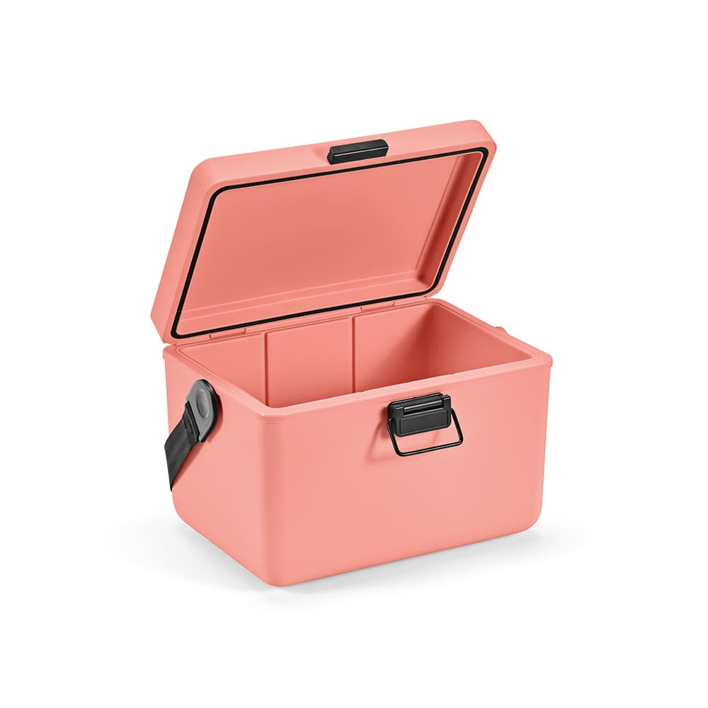 A drink bottle cooler in pastel pink, featuring a hinged lid and a sturdy handle for easy transport.