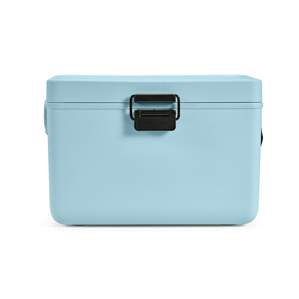 A drink cooler in pastel blue, with a black latch, featuring a sleek and simple design.
