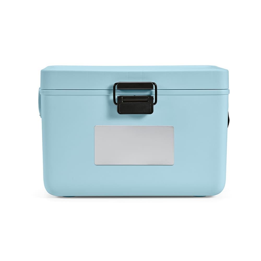 A drink cooler in pastel blue with a black latch and a blank area for labelling. It features a logo on the side.