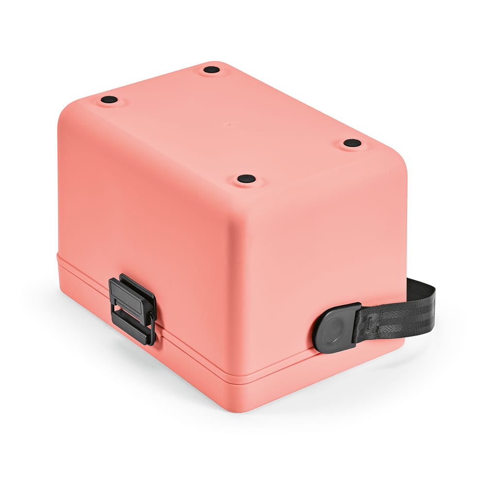 A drink cooler in pastel pink with a latch and carry strap, featuring a textured surface and black accents.