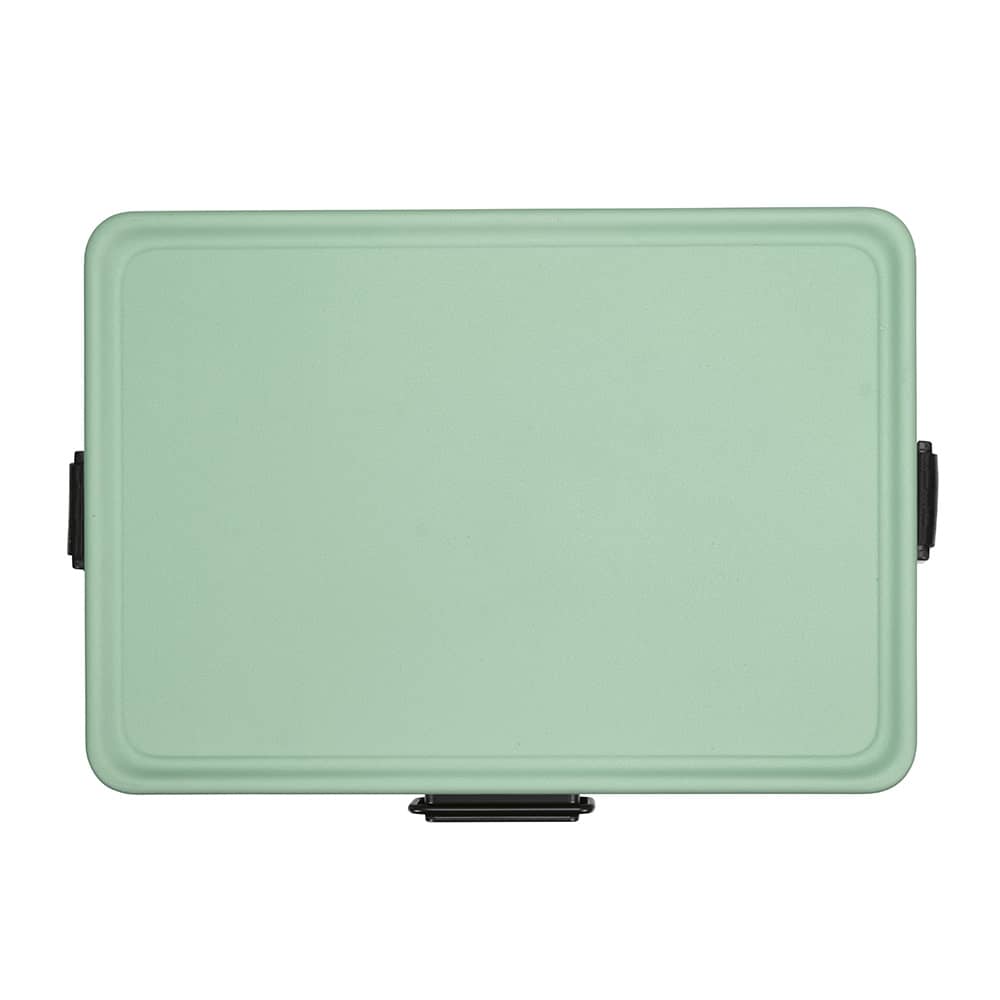 A cooler in pastel green with a black clasp, featuring a smooth rectangular design and no visible branding.