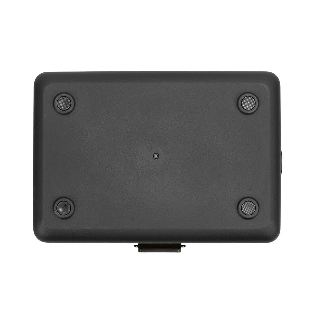 A cooler with a sleek design in black, featuring four rubber feet for stability. It has a simple, functional appearance.