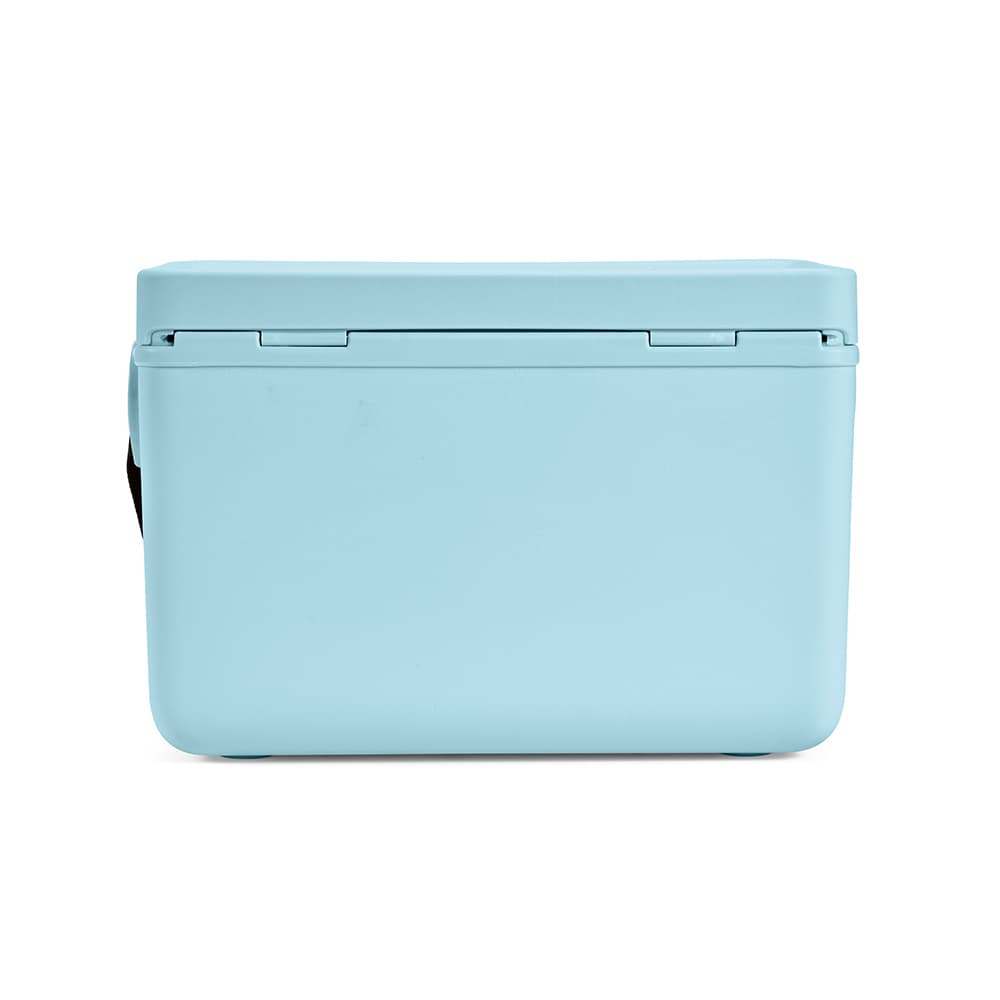 A drink cooler with a pastel blue finish, featuring a sturdy design and a handle for easy transport.