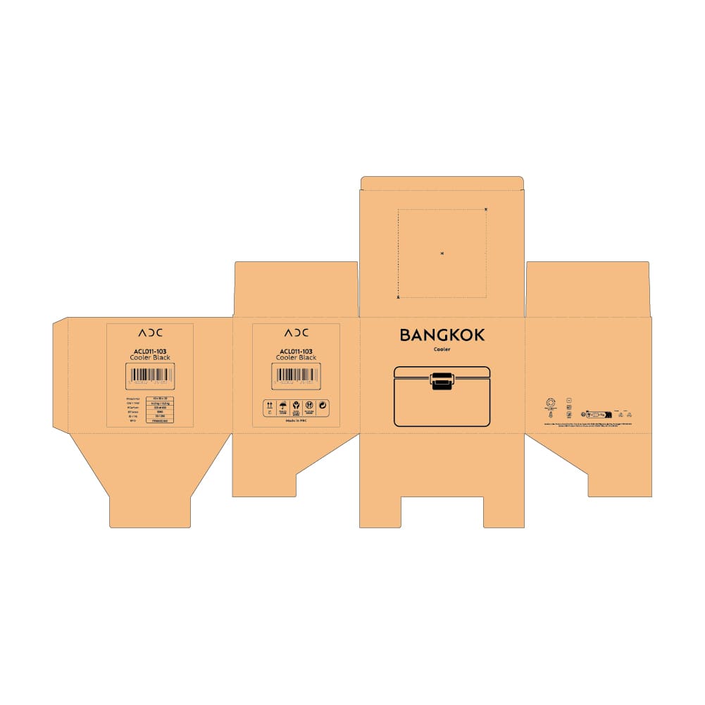A packaging design for the Bangkok Cooler 12L rPP, featuring a pastel colour scheme and a branding logo.