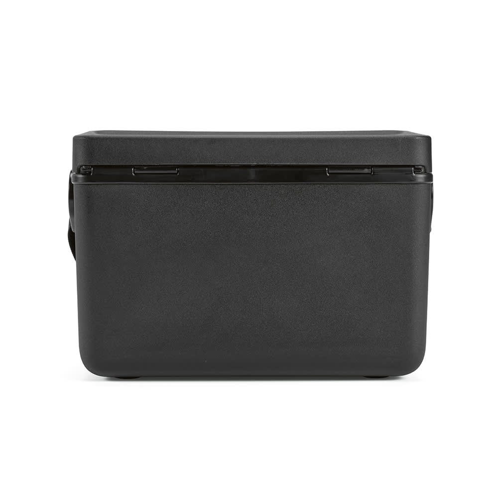 A drink cooler with a sleek black design and a sturdy handle. It features a secure lid and has a simple, modern aesthetic.