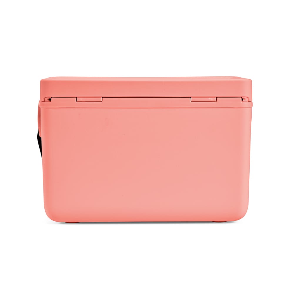 A drink cooler with a pastel pink finish, featuring a solid design and a handle for portability.