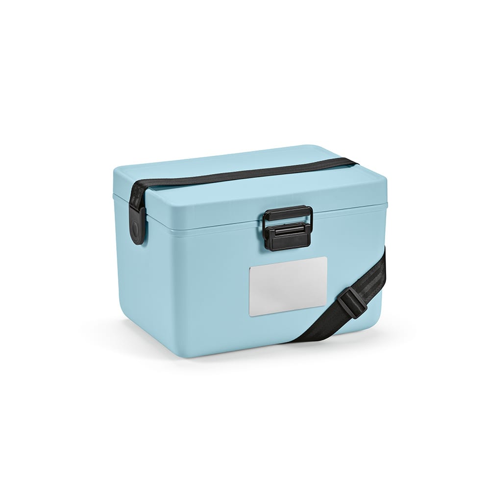 A drink bottle in pastel blue with a strap and a rectangular silver panel, featuring a secure closure.