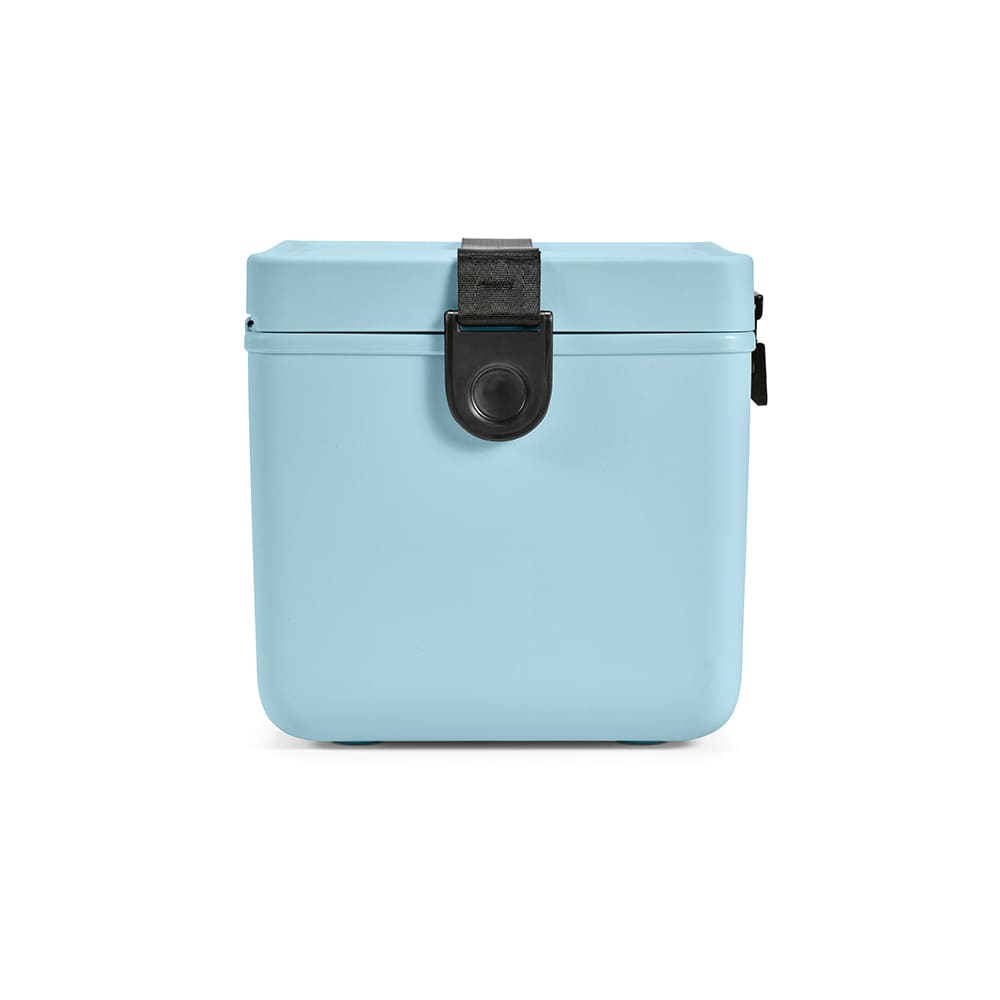 A drink cooler in pastel blue with a secure latch and a black strap. It features a logo on the front.