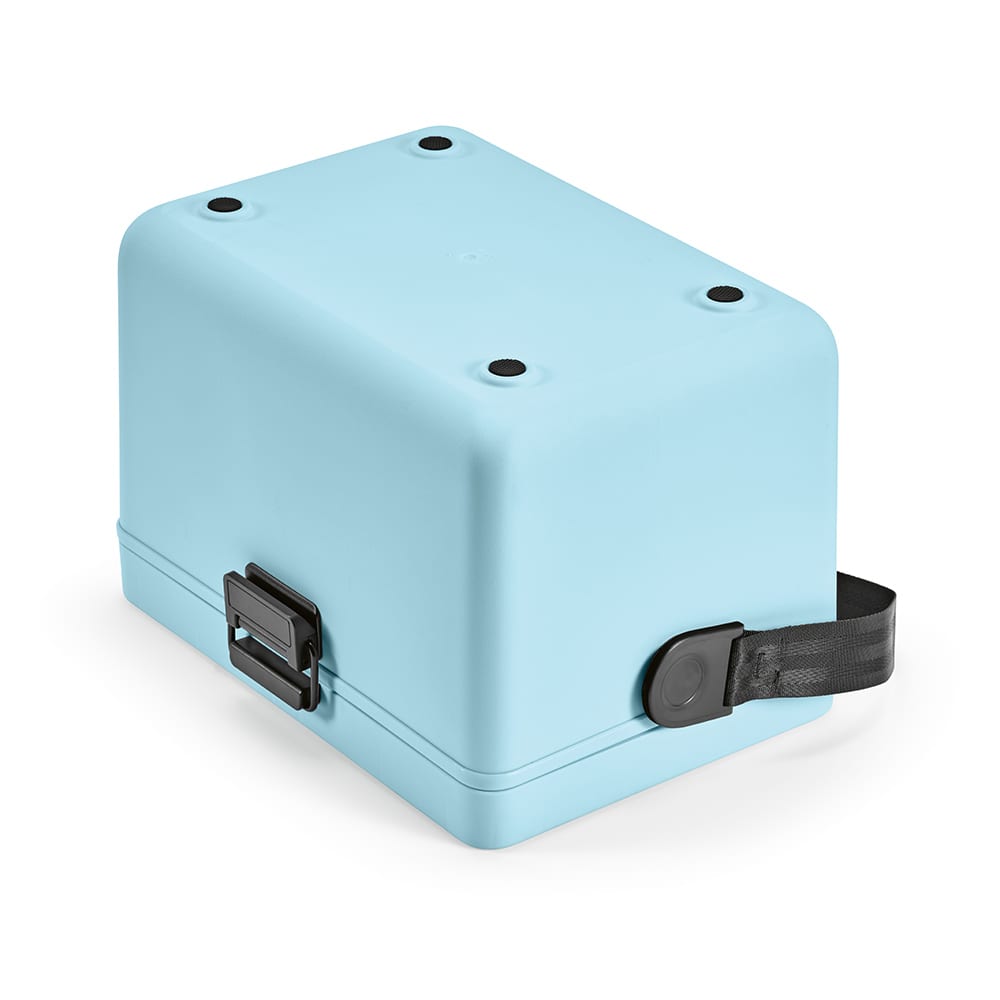 A drink cooler in pastel blue, featuring a clasp and handle for easy transport. It has a simple design with rounded edges.