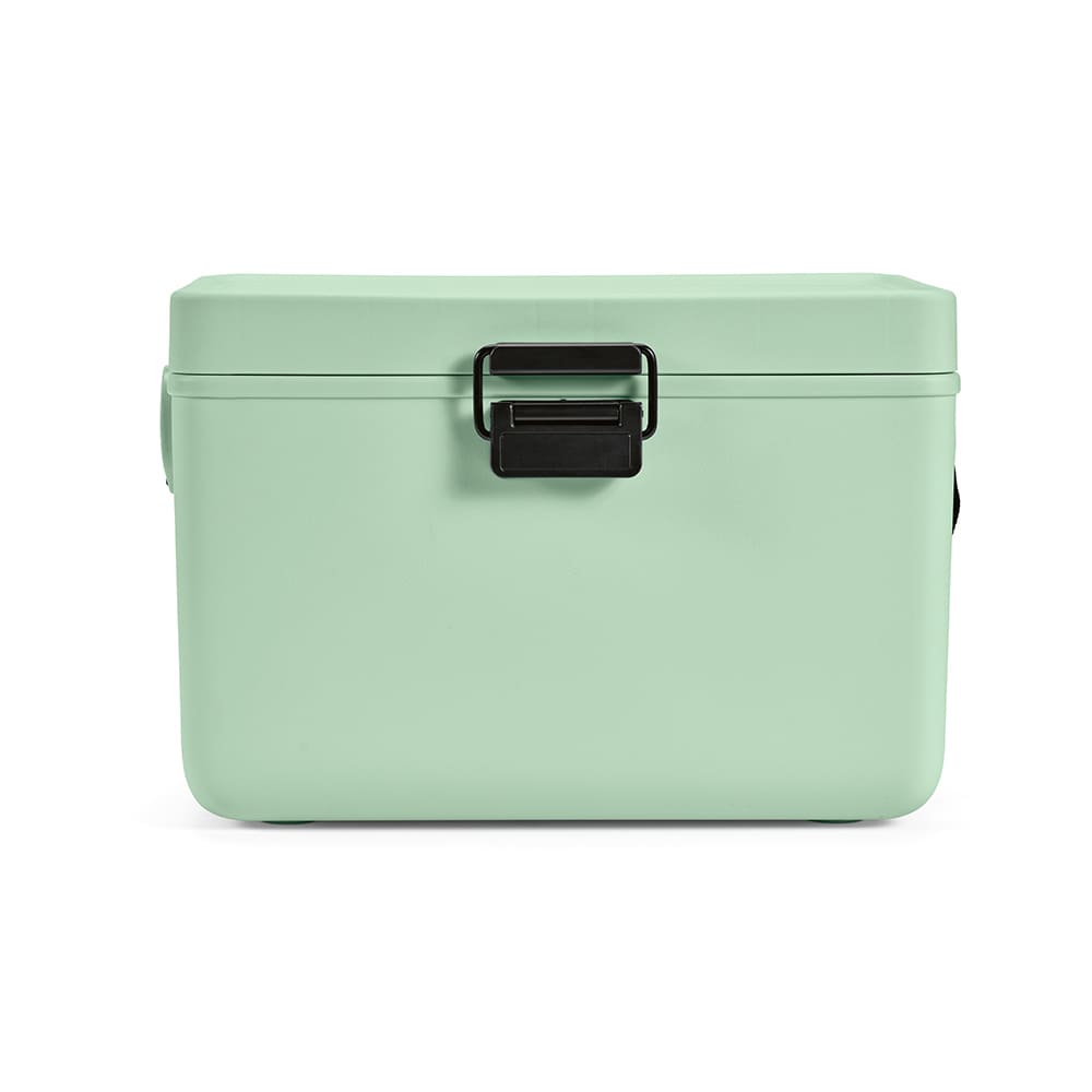 A drink bottle with a pastel mint green finish, featuring a black latch and handle. It includes a logo.
