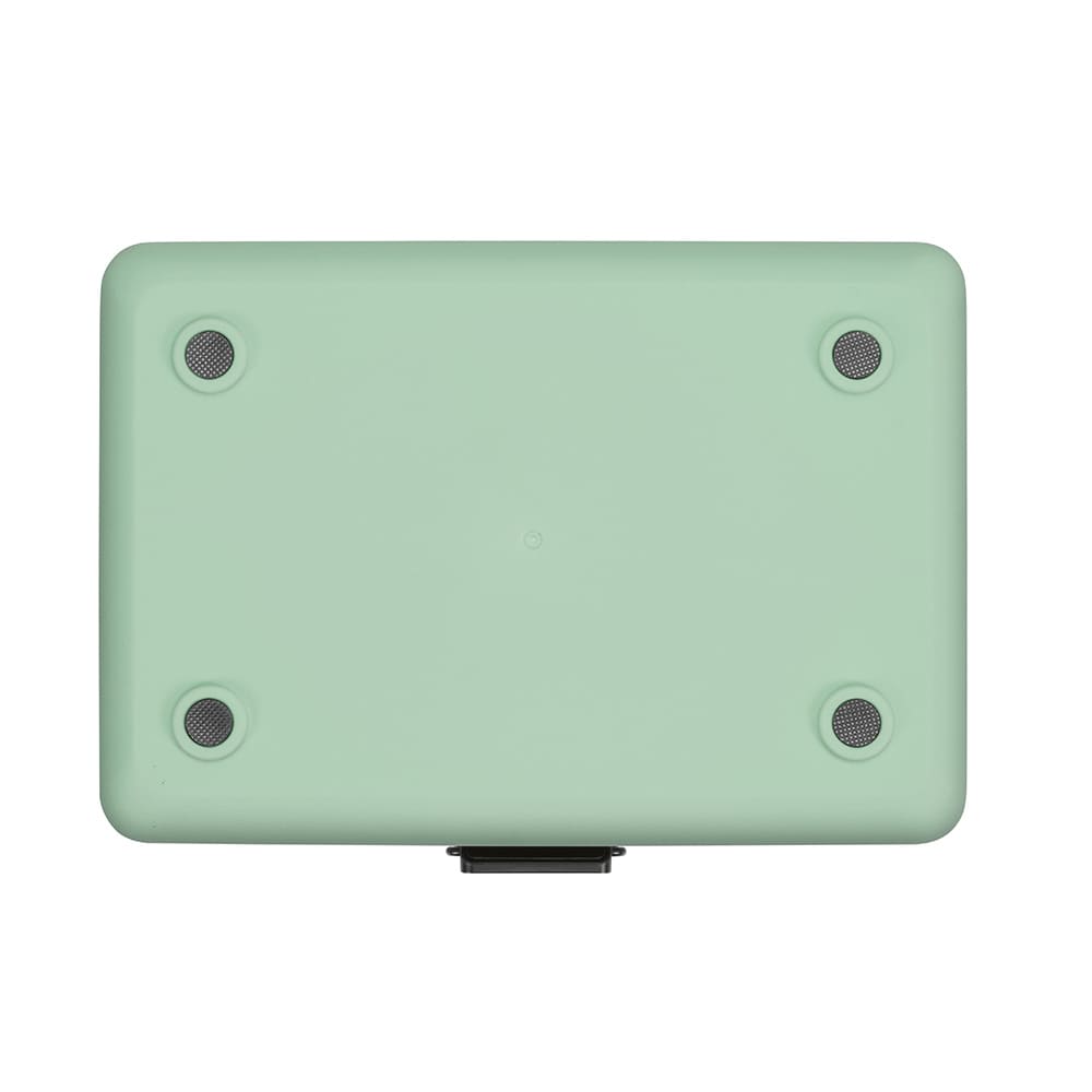 A drink cooler in pastel green with textured surface and four rubber feet, featuring a closure.