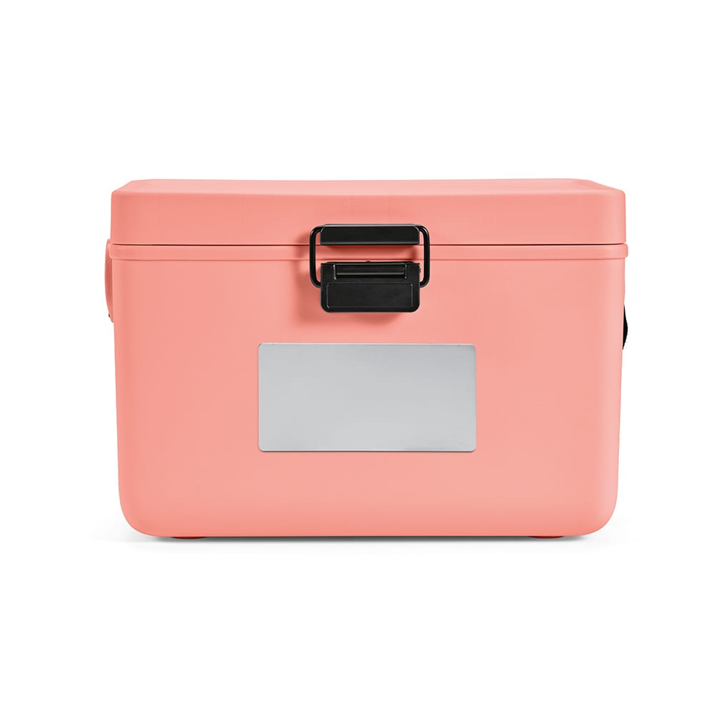 A drink cooler in pastel pink, featuring a handle and a locking mechanism. Includes a rectangular area for labeling.
