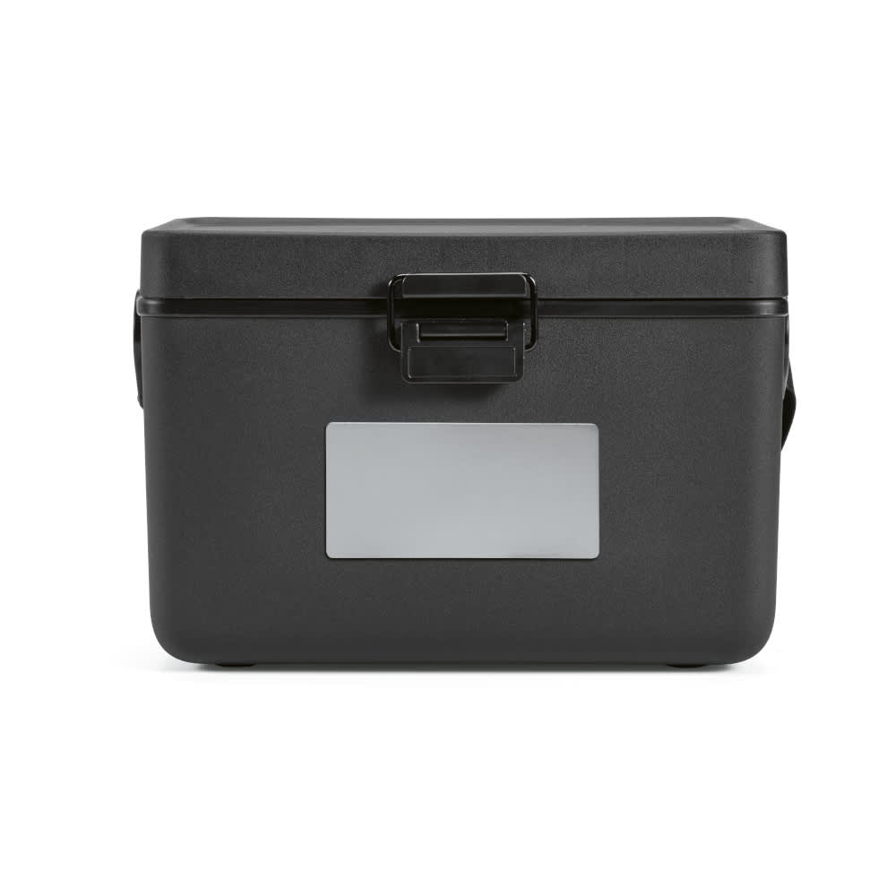 A drink cooler in black with a sturdy lid and a front label area. It features a durable design for outdoor use.