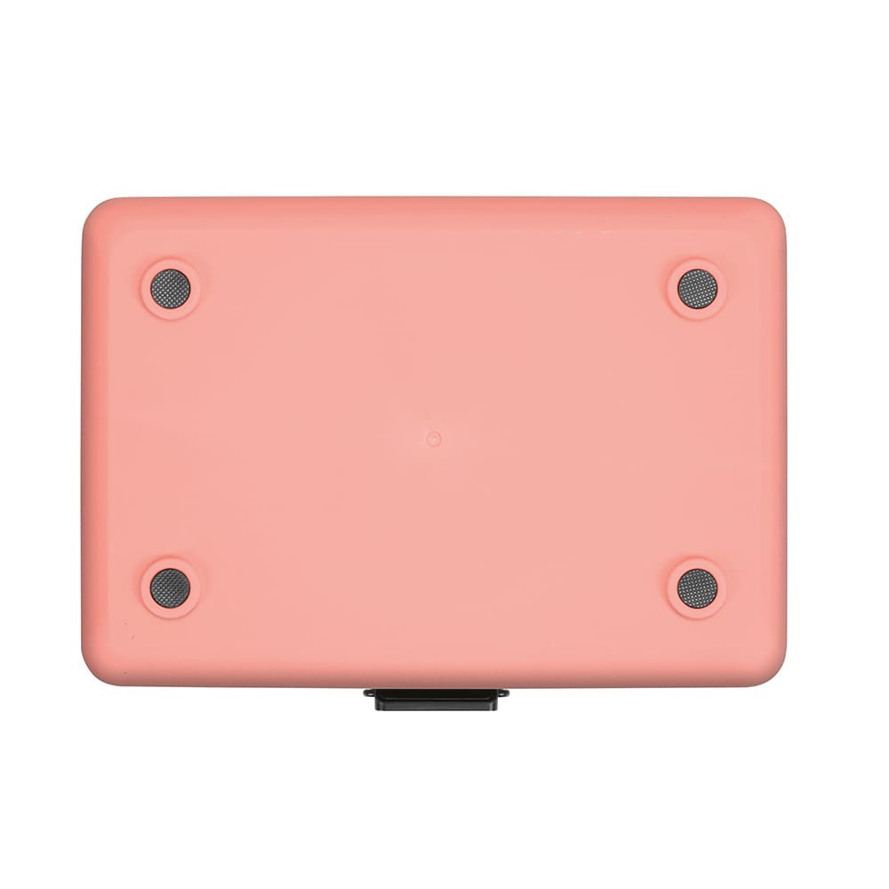 A pastel pink cooler featuring a flat top and textured grip feet. It includes a latch for secure closure and has a logo.
