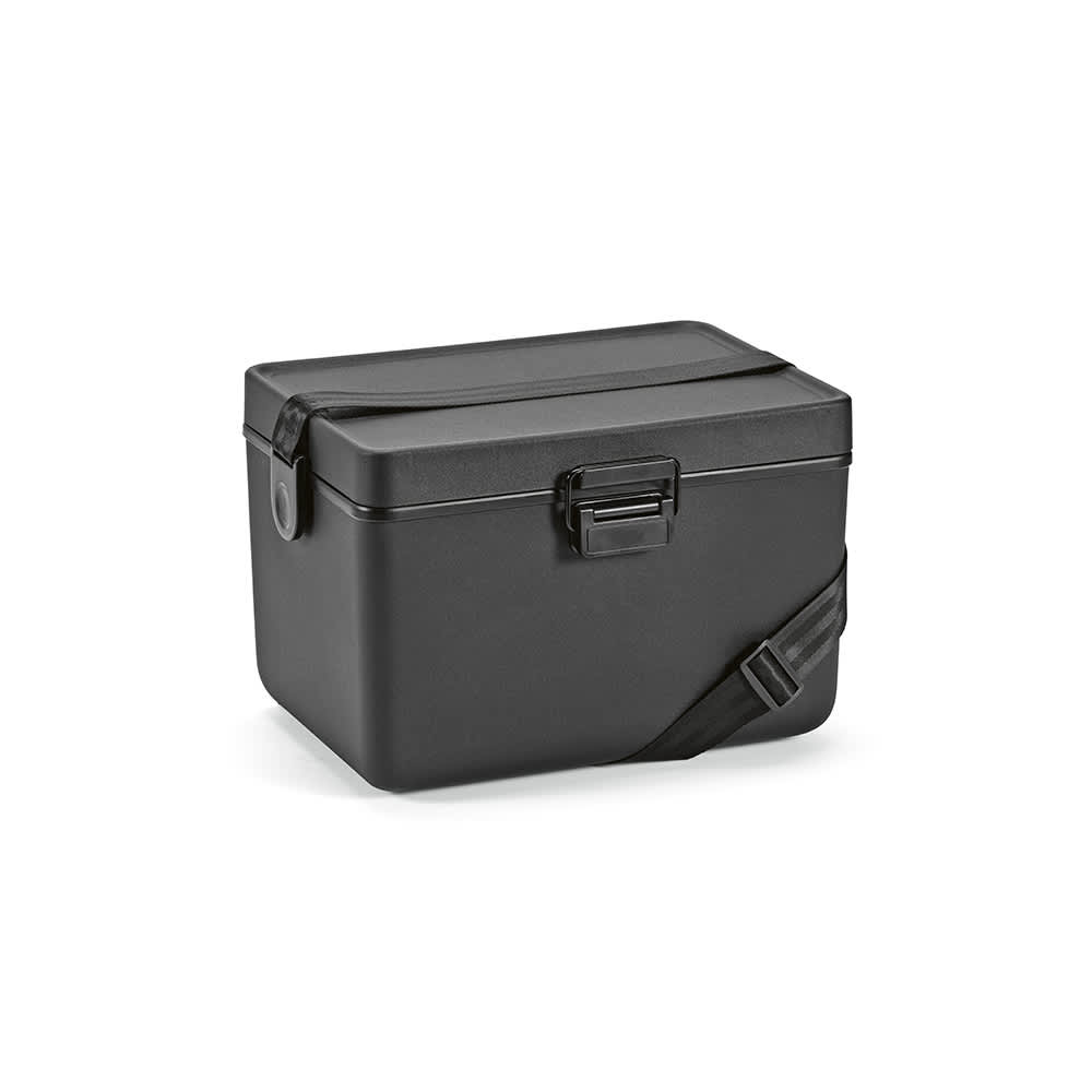 A drink cooler in black with a secure latch and adjustable strap for easy carrying.