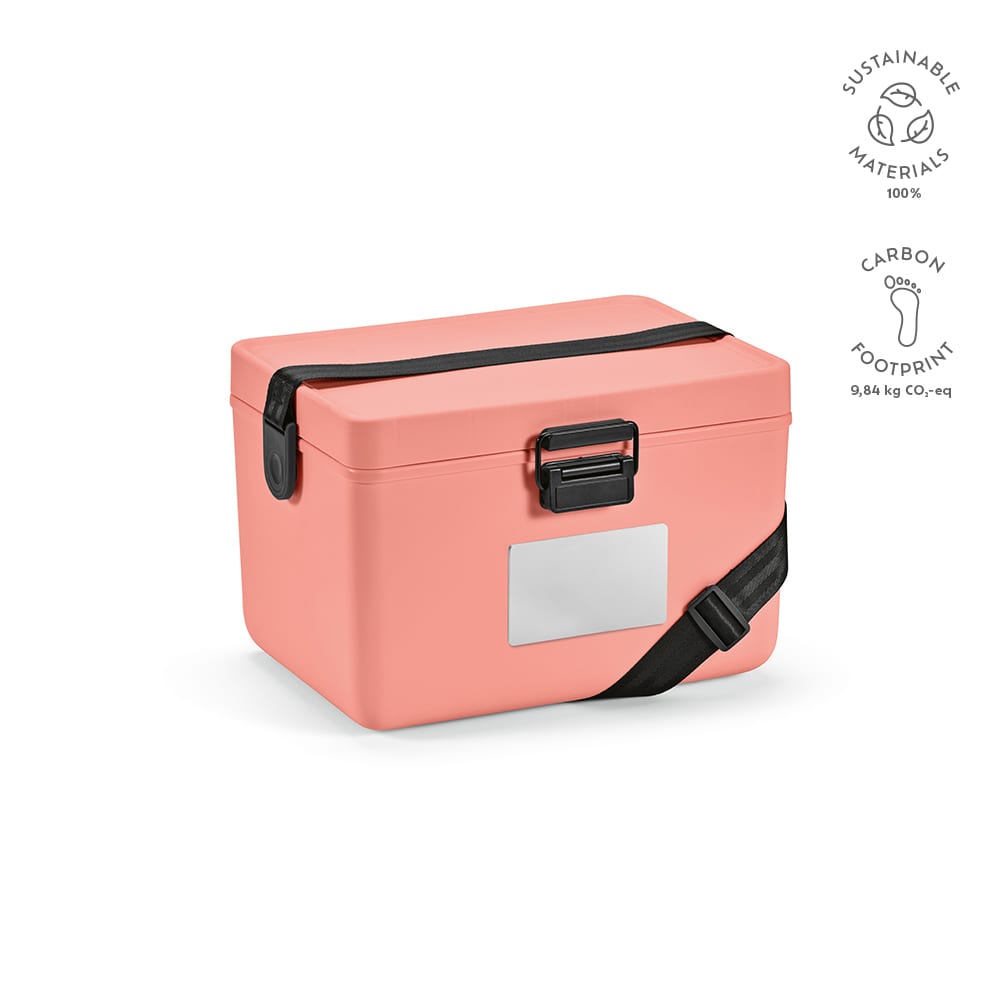 A drink cooler in pastel pink with a black strap, featuring a silver label area and a logo.
