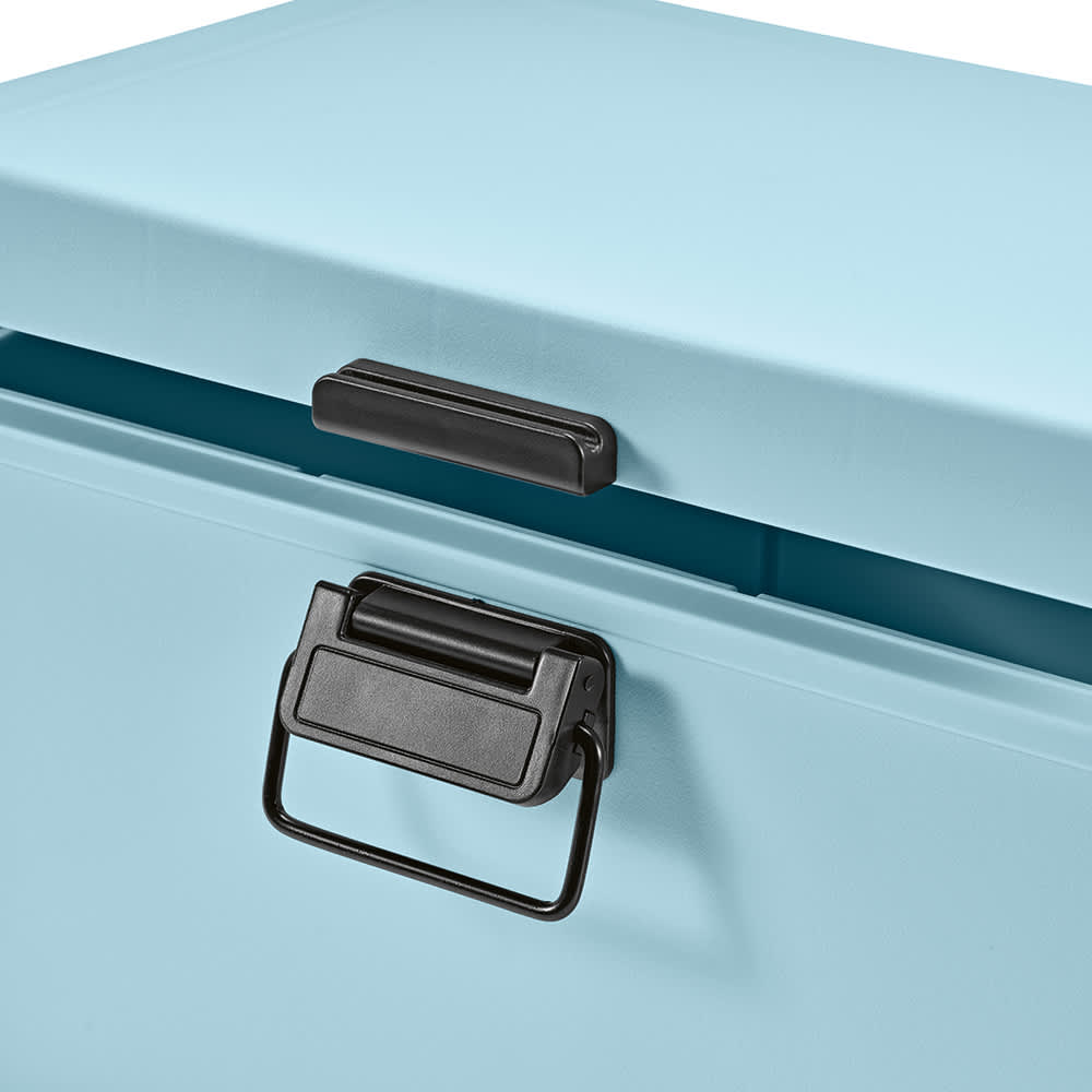 A drink bottle cooler in pastel blue, featuring a black handle and a lid. It includes a logo on the side.