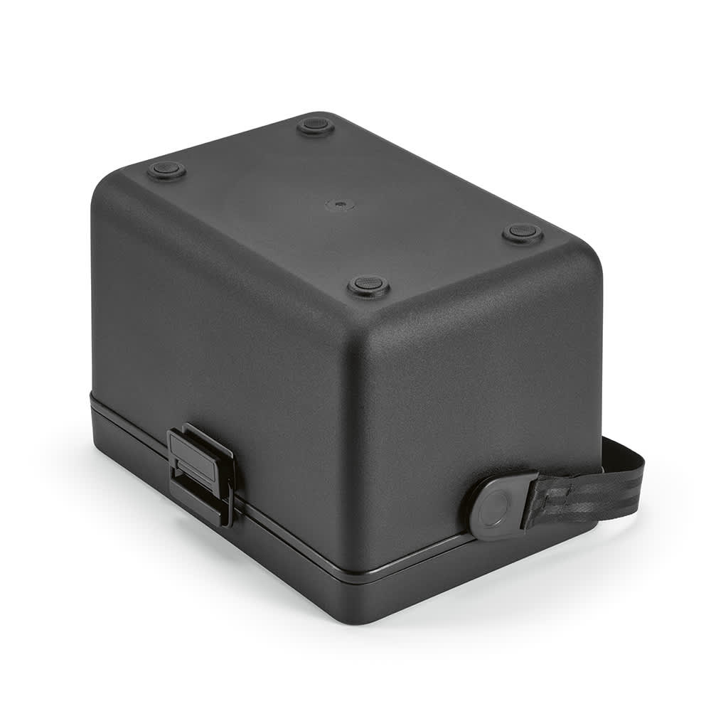 A black cooler with a secure lid and handle. The design is simple and functional.