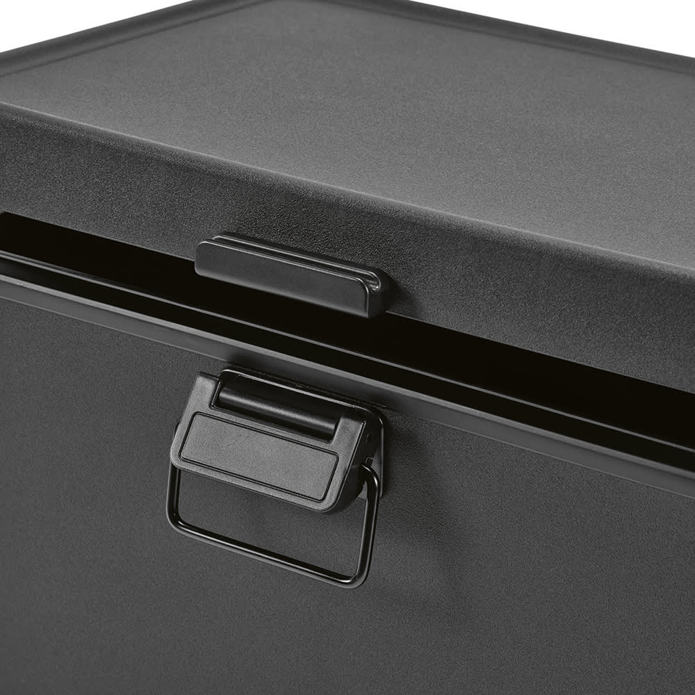 A cooler featuring a black exterior with a sturdy handle and a secure lid. Suitable for transporting food and drinks.