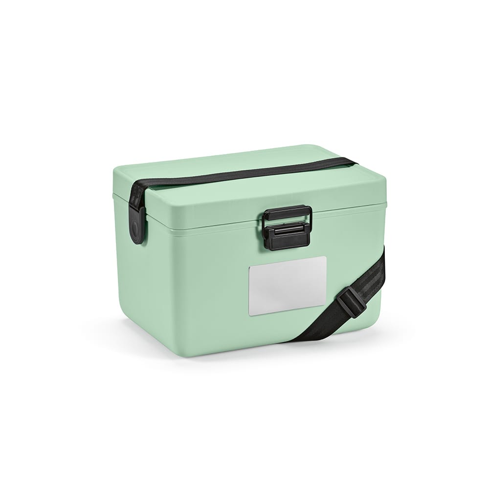 A drink cooler in pastel mint green, featuring a black strap and a removable label area.