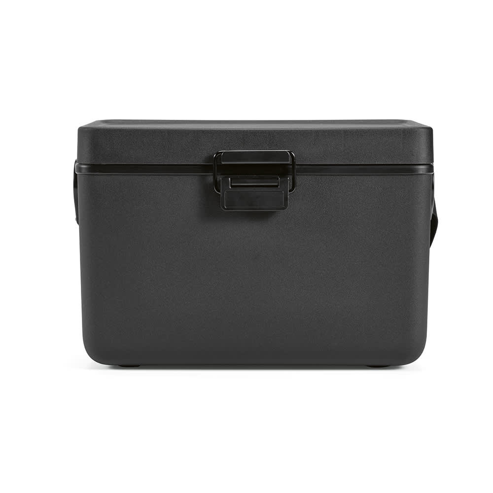 A drink cooler in black with a secure latch, featuring a sturdy design and built-in handle.