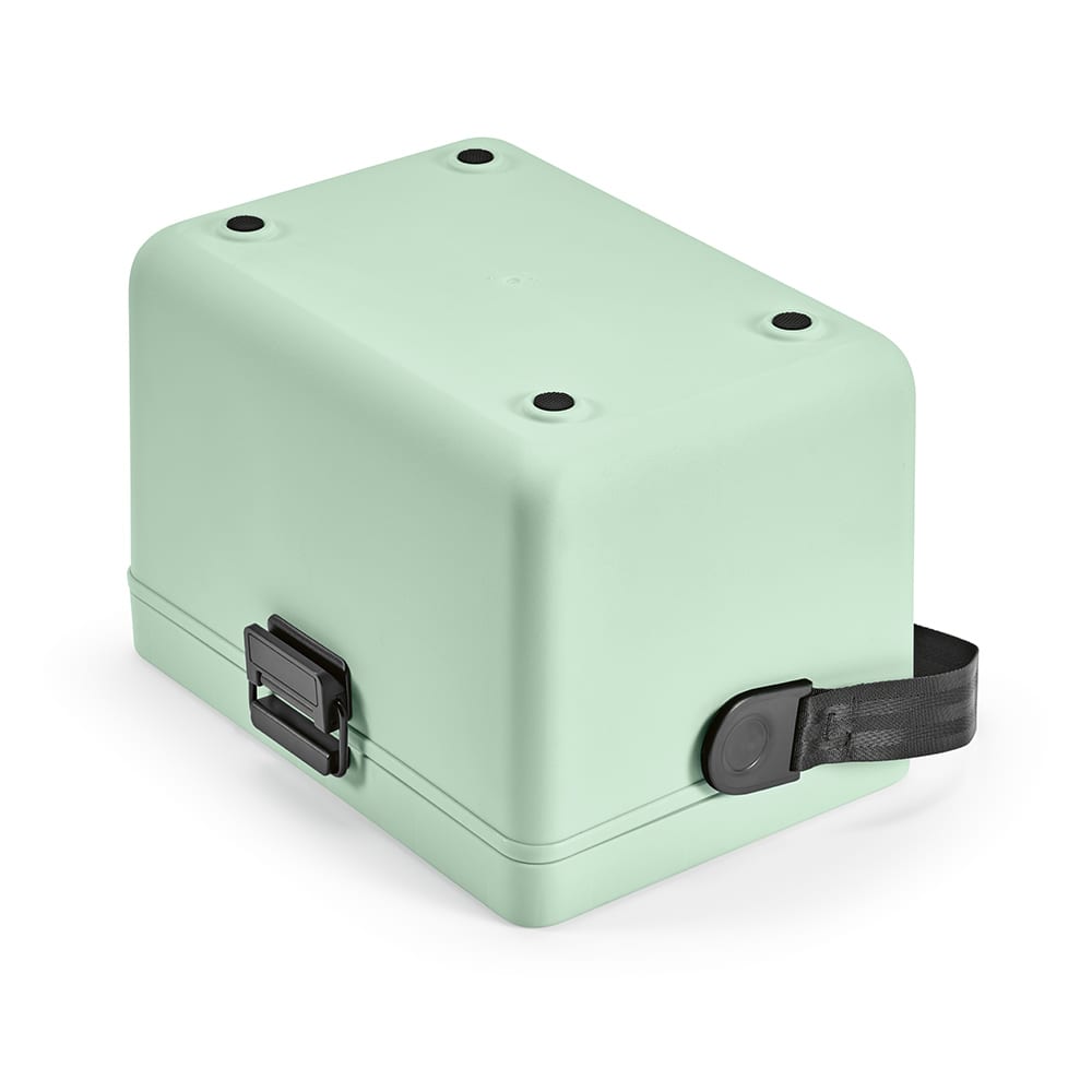A drink cooler in pastel green with a sturdy strap and a logo. Features a compact rectangular design.