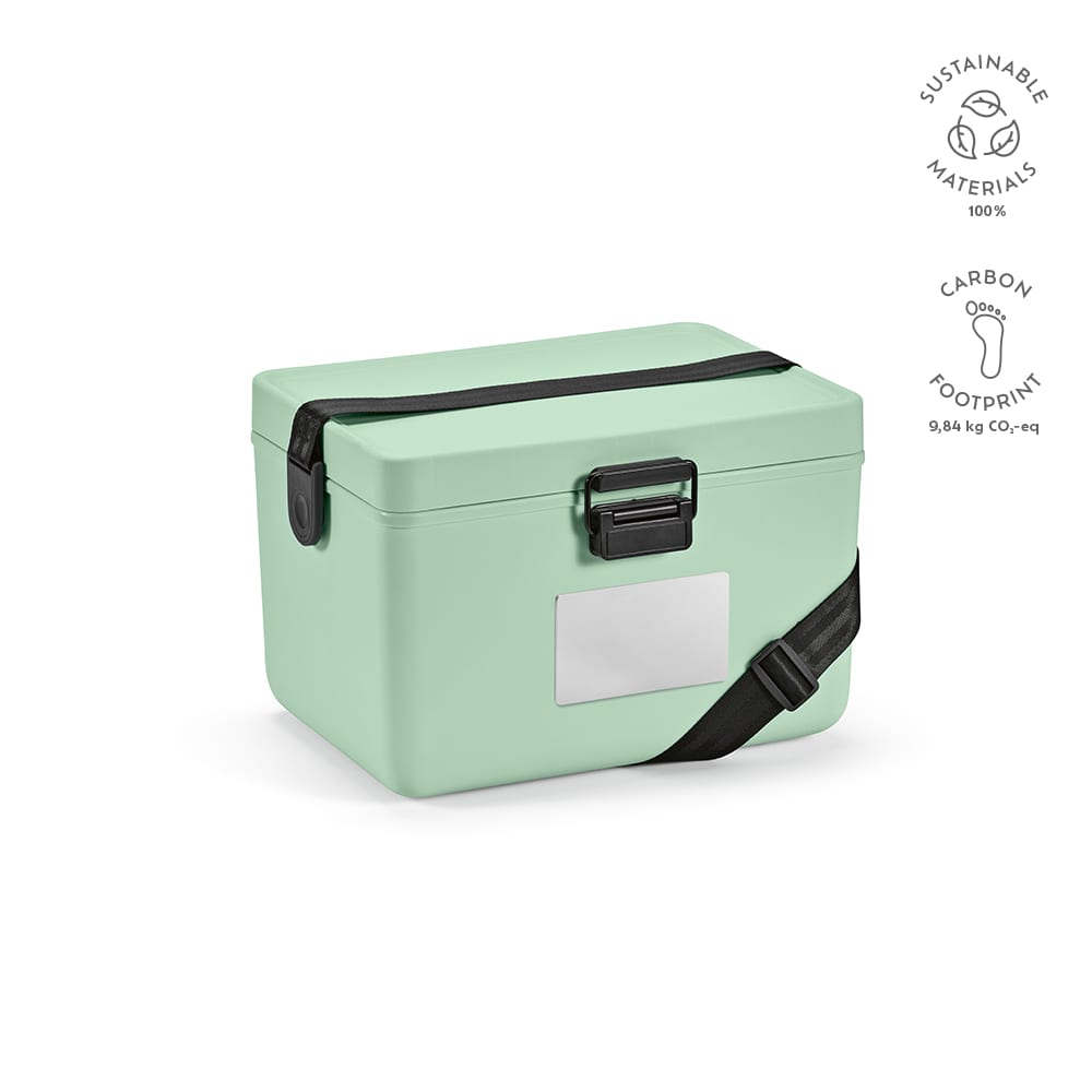 A drink cooler in pastel mint green, featuring a black strap and a silver label area. It has a logo present.