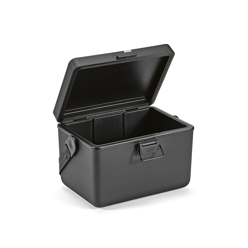 A cooler box in black, with an open lid and a sturdy handle, designed for easy transport.