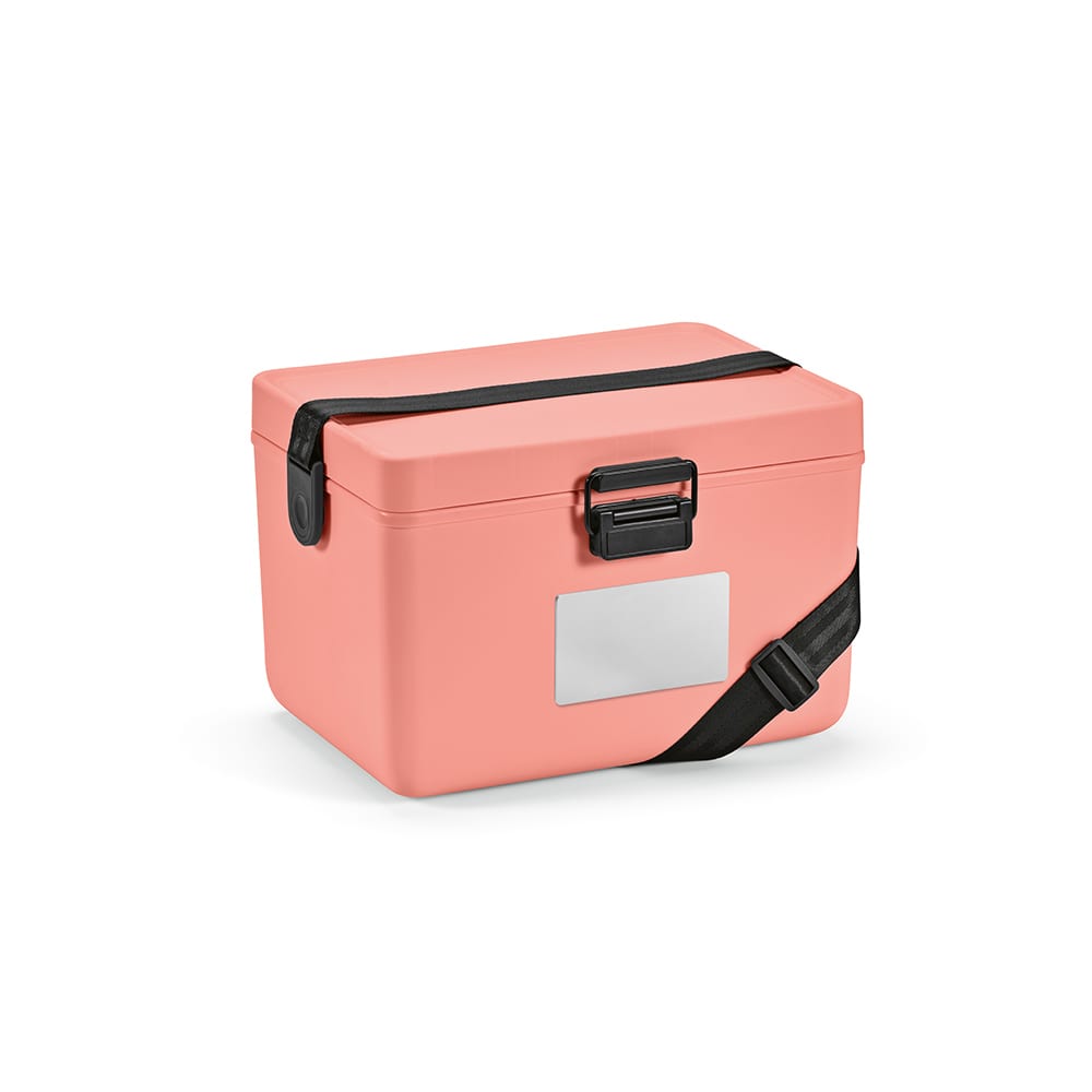 A drink cooler in pastel pink, featuring a secure closure, handle, and a strap for easy carrying.