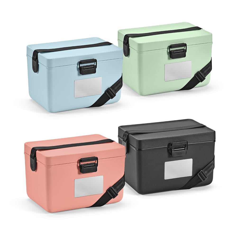 A drink cooler featuring pastel colours: mint green, light blue, coral, and black, with a latch and a name label.