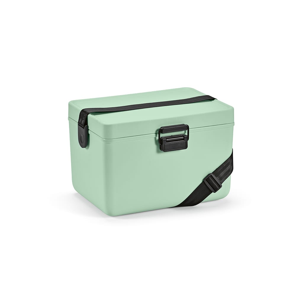 A drink cooler in pastel green, featuring a sturdy strap and a secure clasp. It has a smooth, modern design.