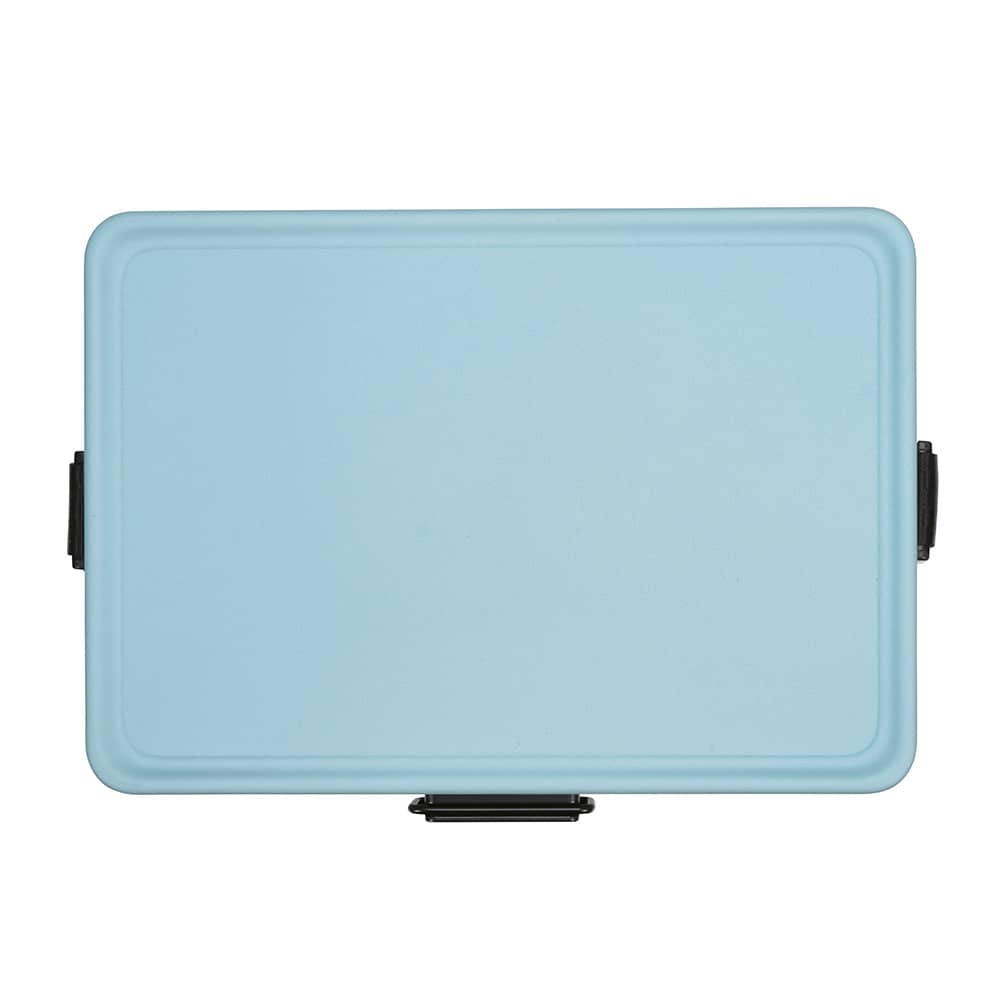 A drink bottle in pastel blue with a handle and a black latch. The product has a logo on it.