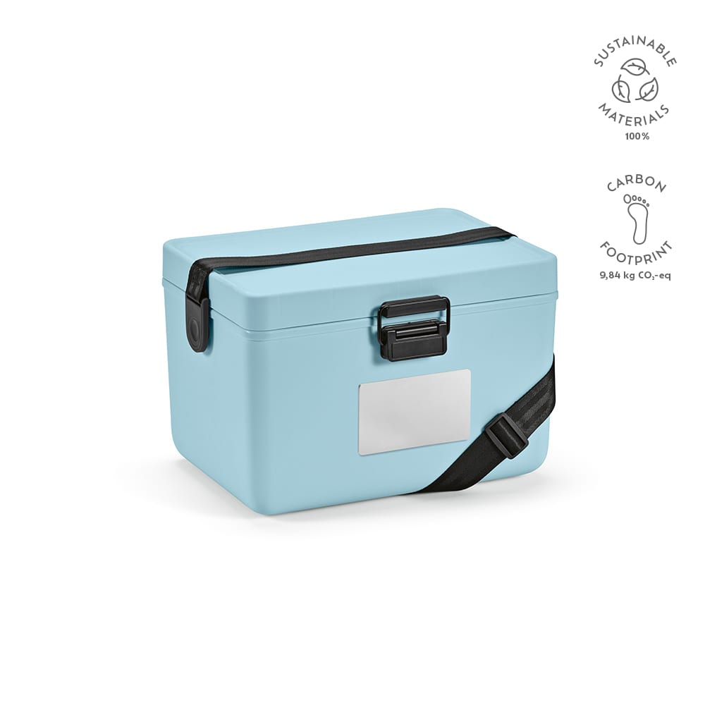 A drink bottle cooler in pastel blue, featuring a lid and a strap for easy carrying. Includes a logo.