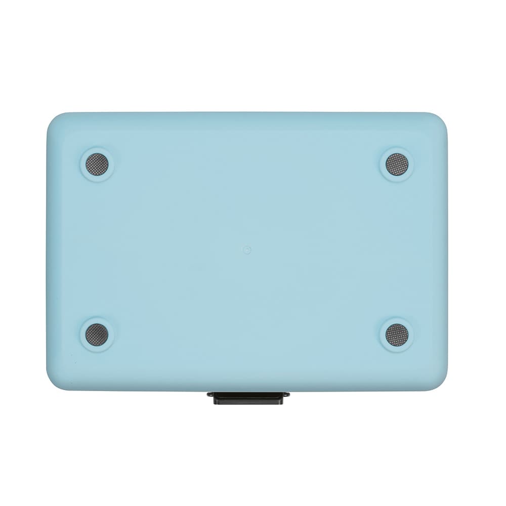 A drink cooler in pastel blue, featuring a flat top and four rubber feet, with a latch at the front.