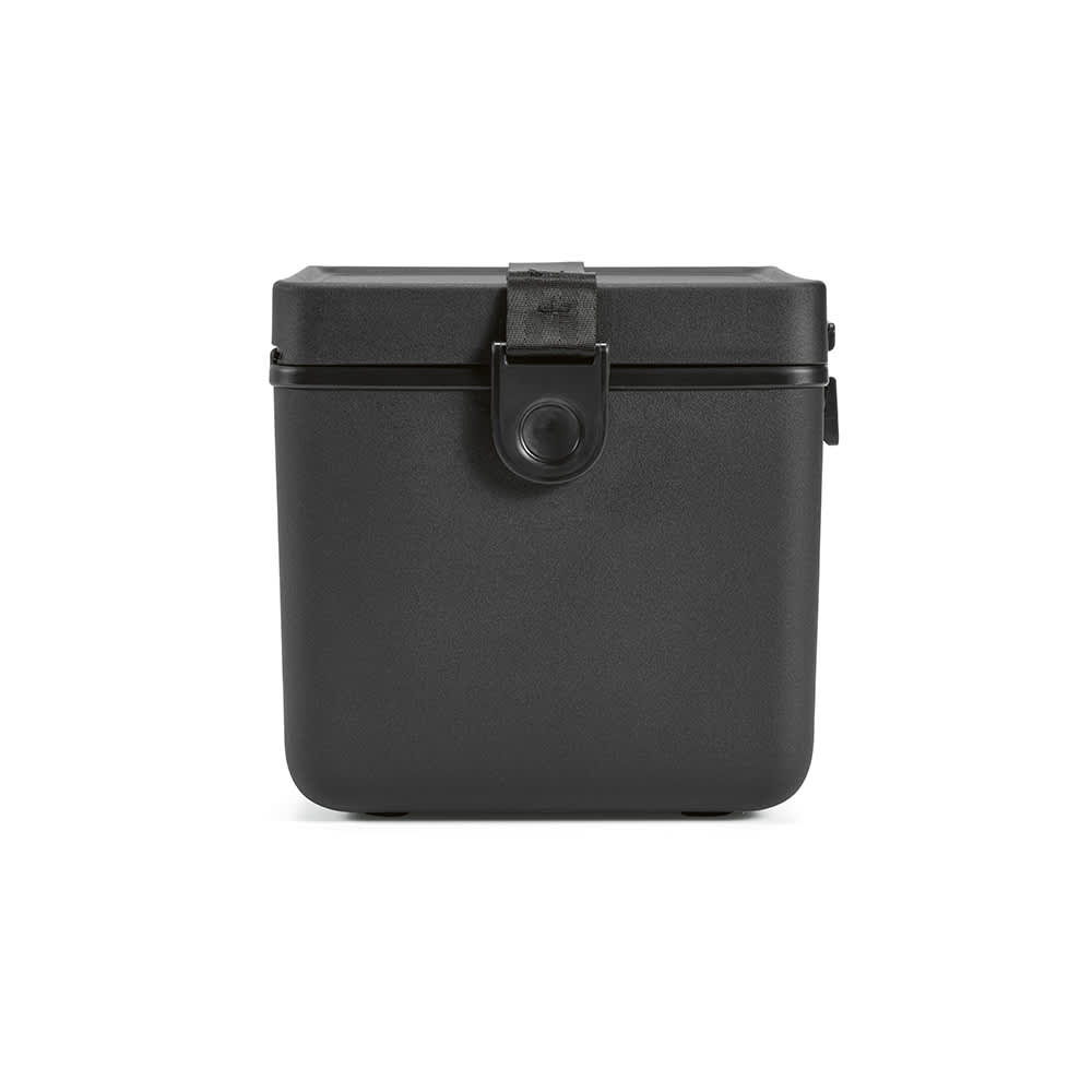 A drink cooler in black, featuring a secure latch and a minimalistic design. Includes a branding logo.