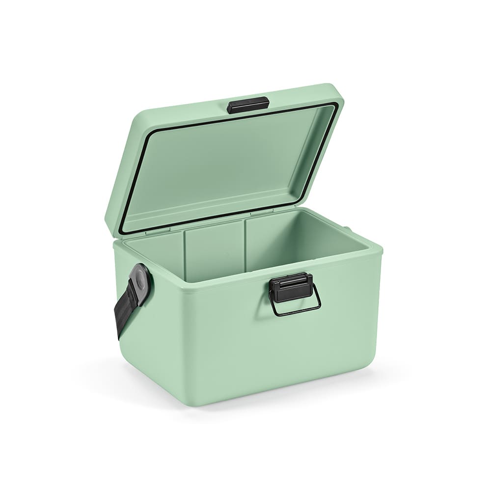 A drink bottle cooler in pastel green, featuring a sturdy handle and a removable lid. It has a logo on the side.