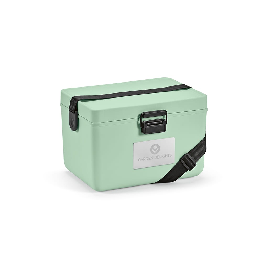 A drink cooler in pastel green with a black strap and a logo on the front.
