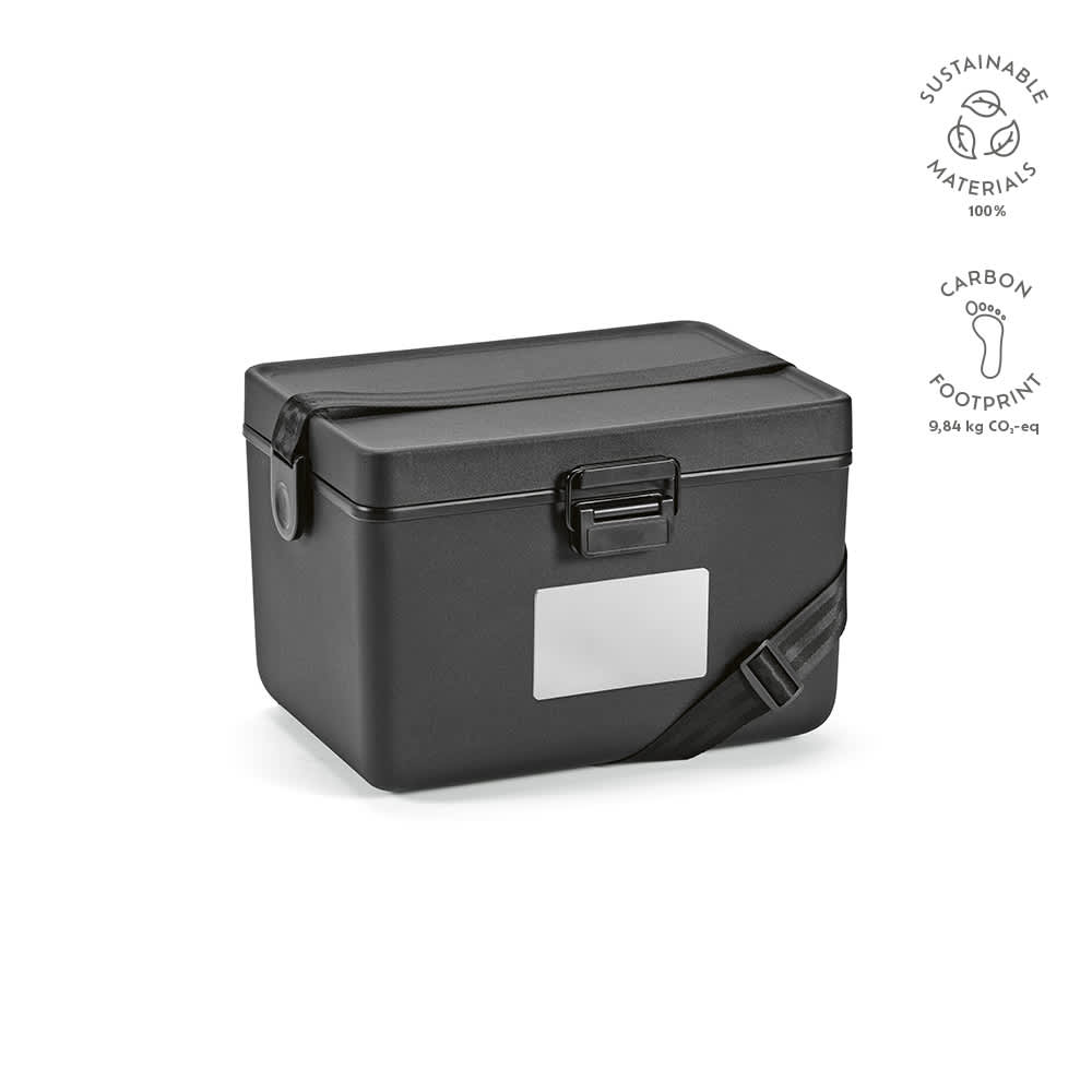 A drink cooler in black, featuring a strap for easy carrying and a branding logo.