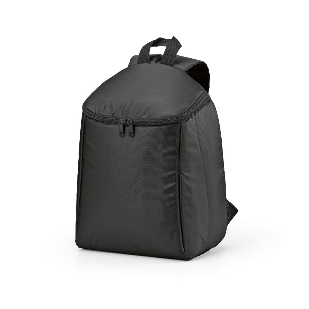 A black cooler backpack with a double zipper, featuring padded straps and a simple design.