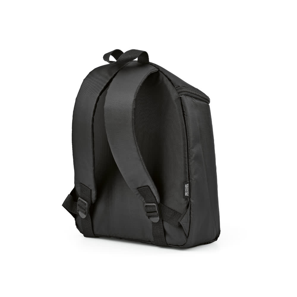 A black cooler backpack with double-zipper, featuring adjustable straps and a single main compartment. It has a logo.